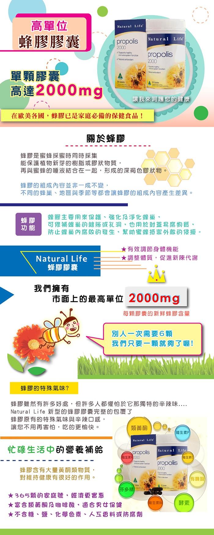 Natural Life-澳洲高單位蜂膠膠囊2000mg(365粒)﻿產品資訊