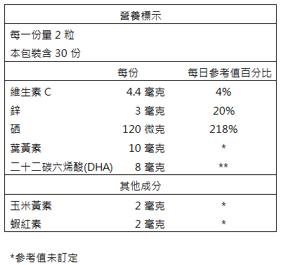 台灣優杏-賜立佳膠囊營養標示。