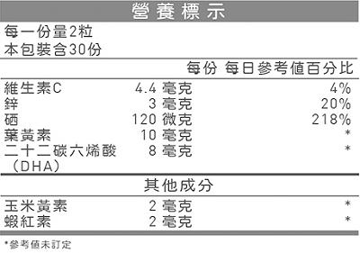 台灣優杏-賜立佳膠囊營養標示。