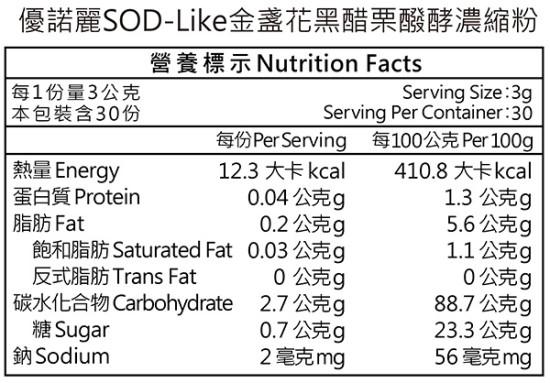 優諾麗SOD-Like金盞花黑醋栗醱酵濃縮粉(30包)﻿成份含量