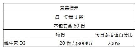 美天健-維生素D錠(60錠)(800IU)﻿成份含量