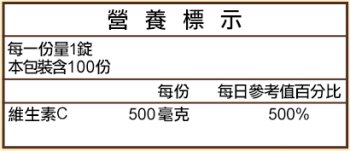 Sundown日落恩賜 靚漾維生素C 500mg(100錠)(效期至2025年12月31日)﻿成份含量