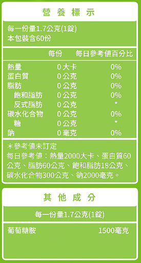 綠萃淨 敏捷葡萄糖胺1500mg活力錠(60錠X2瓶)(效期至2025年11月30日)﻿產品資訊