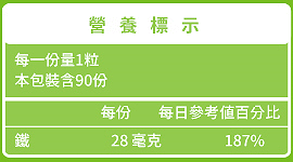 綠萃淨 甘氨酸螯合鐵28mg膠囊(90粒_90天份)﻿成份含量