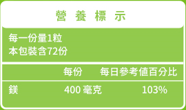 綠萃淨 優化鎂400mg軟膠囊(72粒X2瓶)(共144天份)﻿成份含量