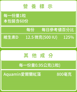 綠萃淨 愛爾蘭海藻+D3複方膠囊(60粒X3瓶)(共180天份)﻿成份含量