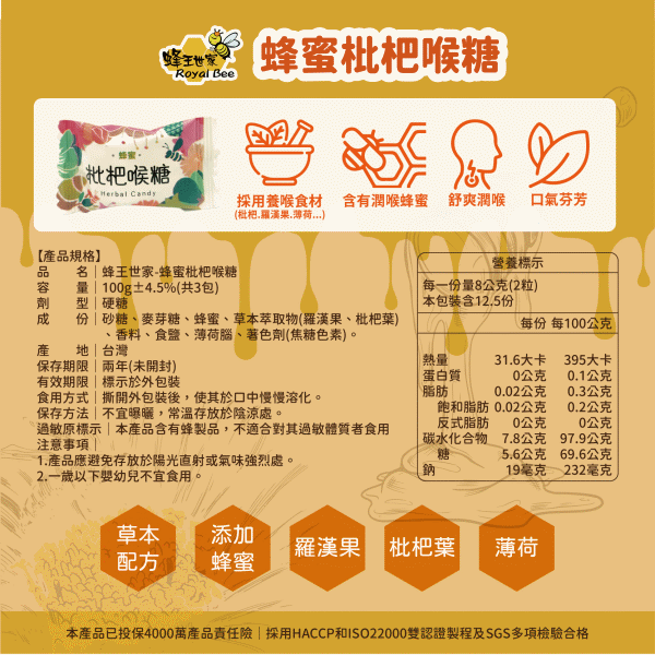蜂王世家-蜂蜜枇杷喉糖(100gX3包)﻿產品資訊