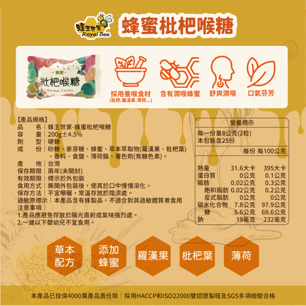 蜂王世家-蜂蜜枇杷喉糖200g﻿產品資訊