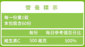 綠萃淨 美妍維生素C 500mg Plus玫瑰果口含錠(60錠X2瓶)﻿成份含量