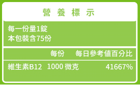 綠萃淨 緩釋型維生素B12 1000mcg錠(75錠)﻿成份含量
