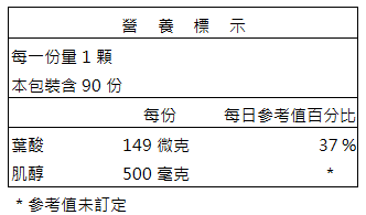 赫而司 Ferti-500V好韻日本肌醇+葉酸植物膠囊﻿成份含量